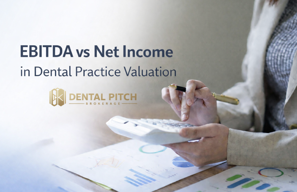 EBITDA vs Net Income in Dental Practice Valuation banner by Dental Pitch Brokerage with financial charts, calculator, and logo