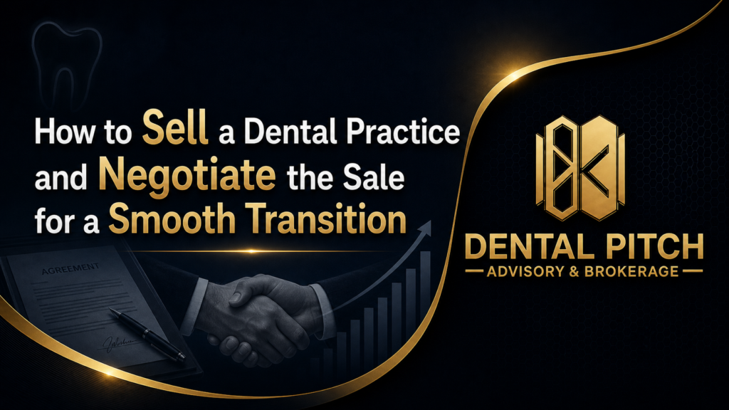 How to sell a dental practice and negotiate the sale for a smooth transition banner by Dental Pitch Advisory & Brokerage