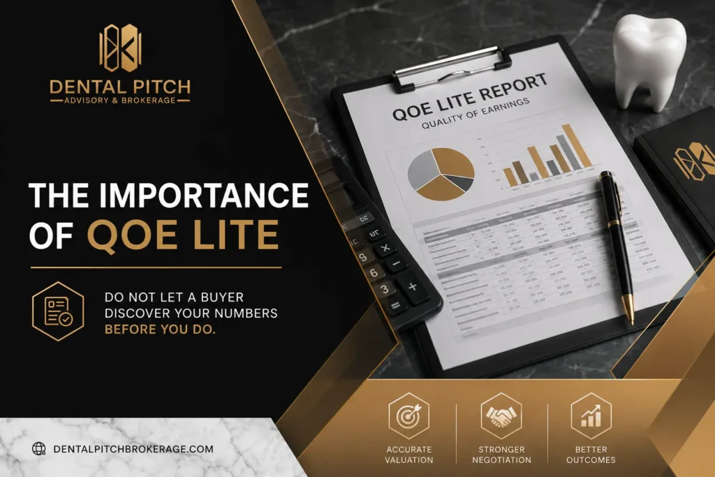 Quality of Earnings Lite (QOE Lite) for dental practice sales: a financial review that verifies adjusted EBITDA, identifies add-backs, and helps sellers negotiate higher practice values by Dental Pitch